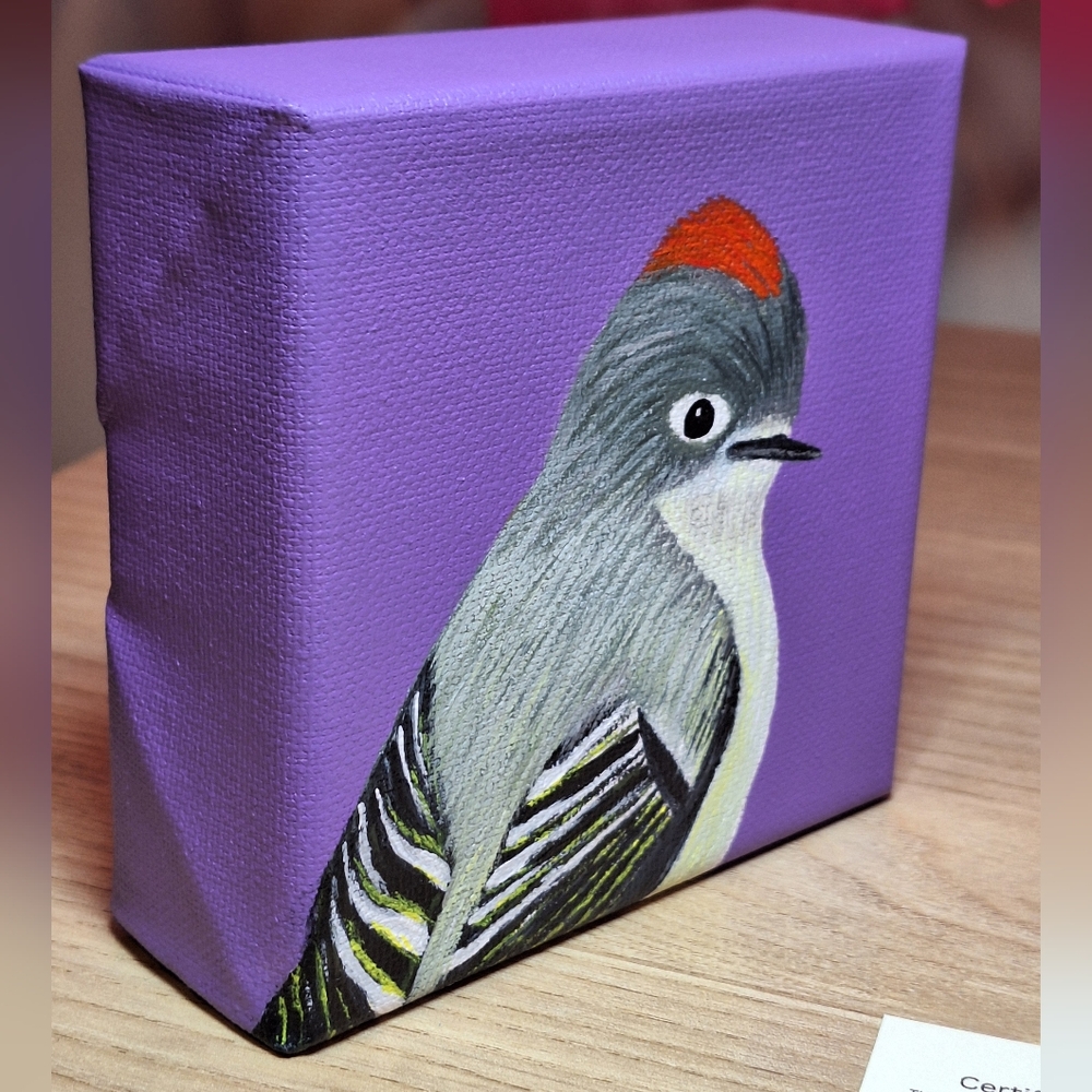 Hand-painted Ruby Crowned Kinglet Canvas Painting - Picture 4 of 8